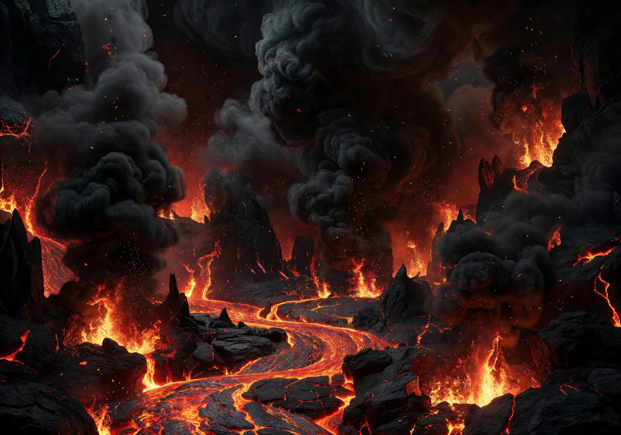 Abstract dark volcanic fire and smoke environment representing dragon lair