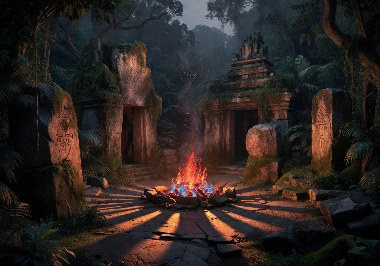 Ancient mystical ruins lit by glowing fire representing the origin of Zentplaypir